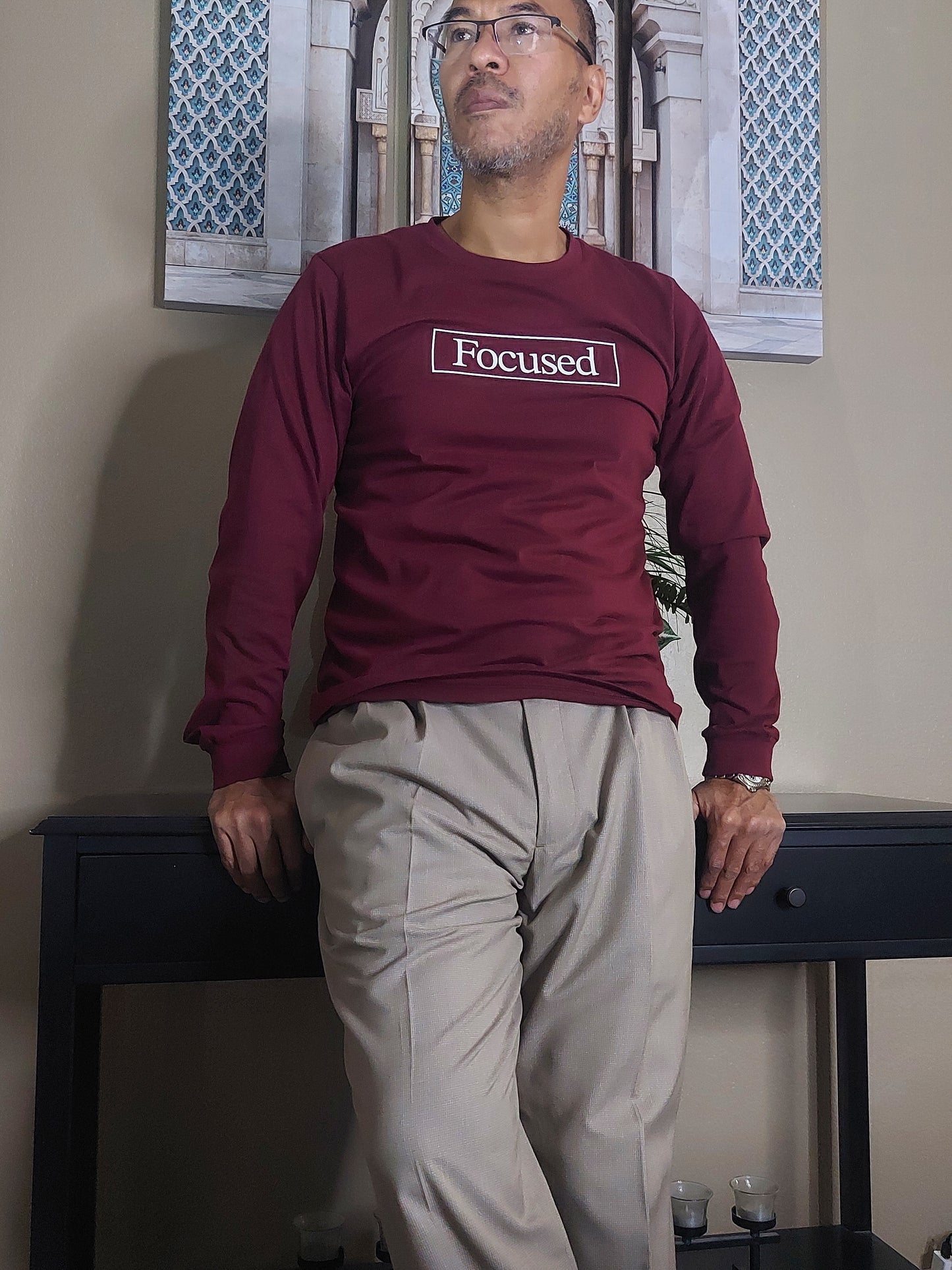 Maroon Long Sleeve Cotton T-Shirt w/ Embossed Raised Print - All Fits