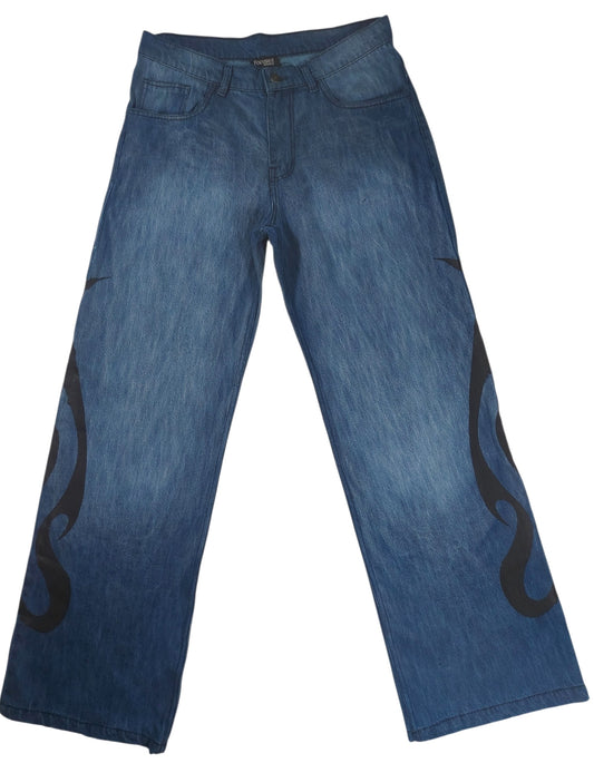 Relaxed Wide Leg Tribal Design Denim Jeans