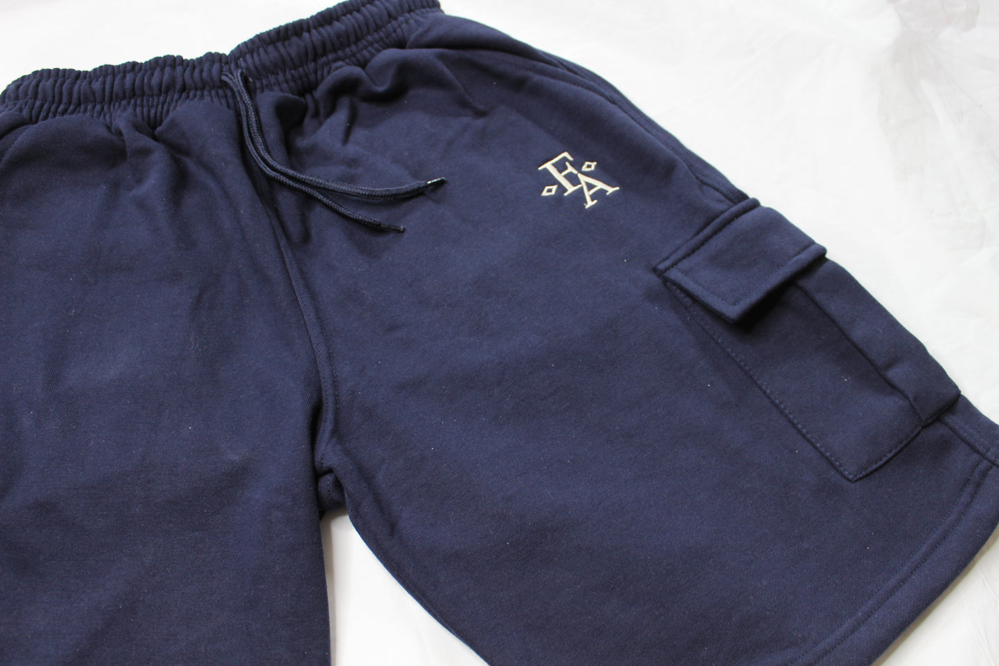Classic Fit Navy Cotton Fleece Embroidered Cargo Shorts