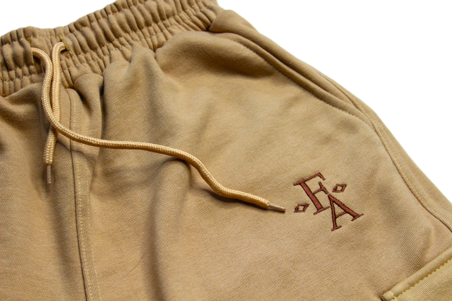 Tan Cotton Fleece Embroidered Cargo Shorts
