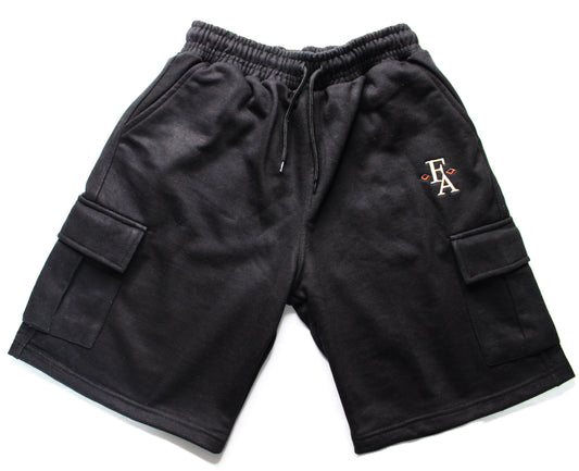 Classic Fit Cotton Embroidered Cargo Shorts  - Black
