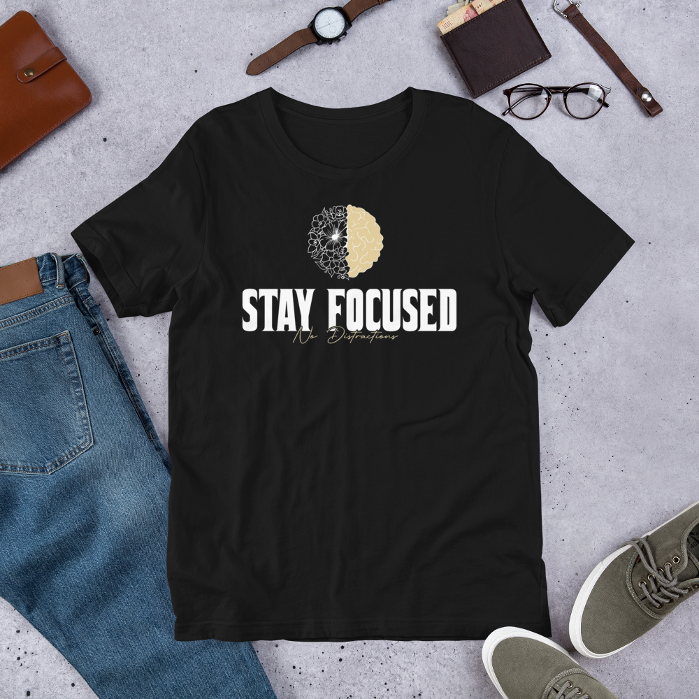 Stay Focused 'Growth Mindset' Design Short Sleeve Cotton T-Shirt - Black